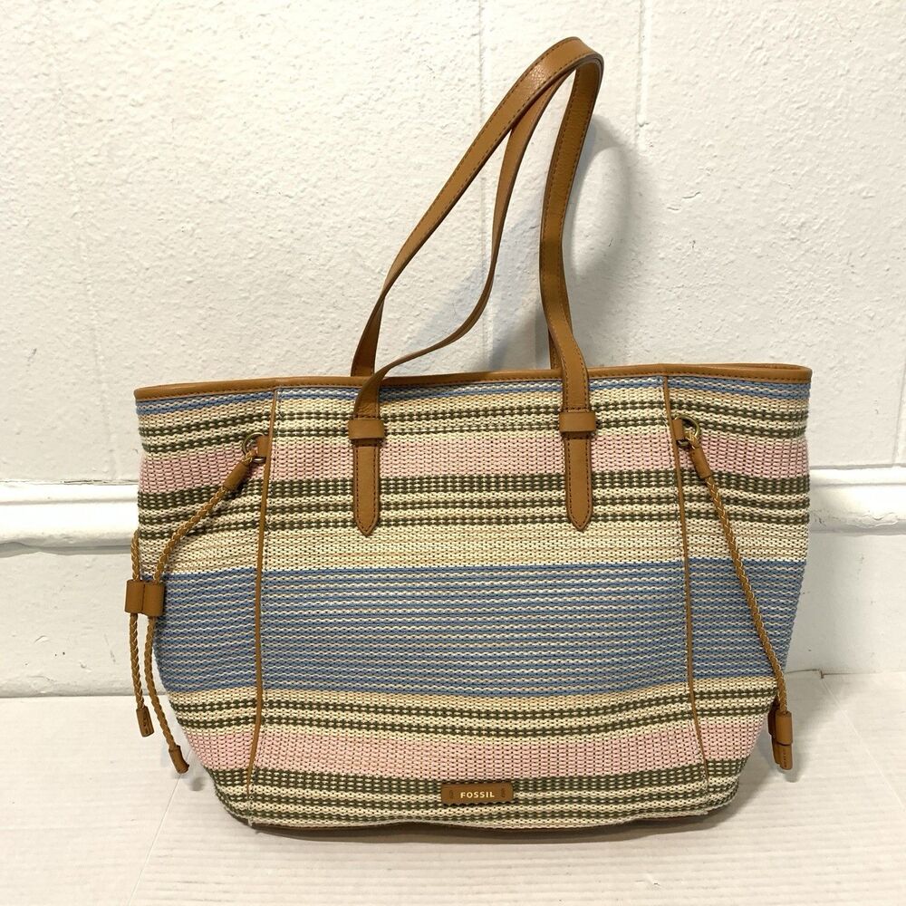 Fossil Tote Charlie Ecru Multi Stripe Pink Blue S… - image 2